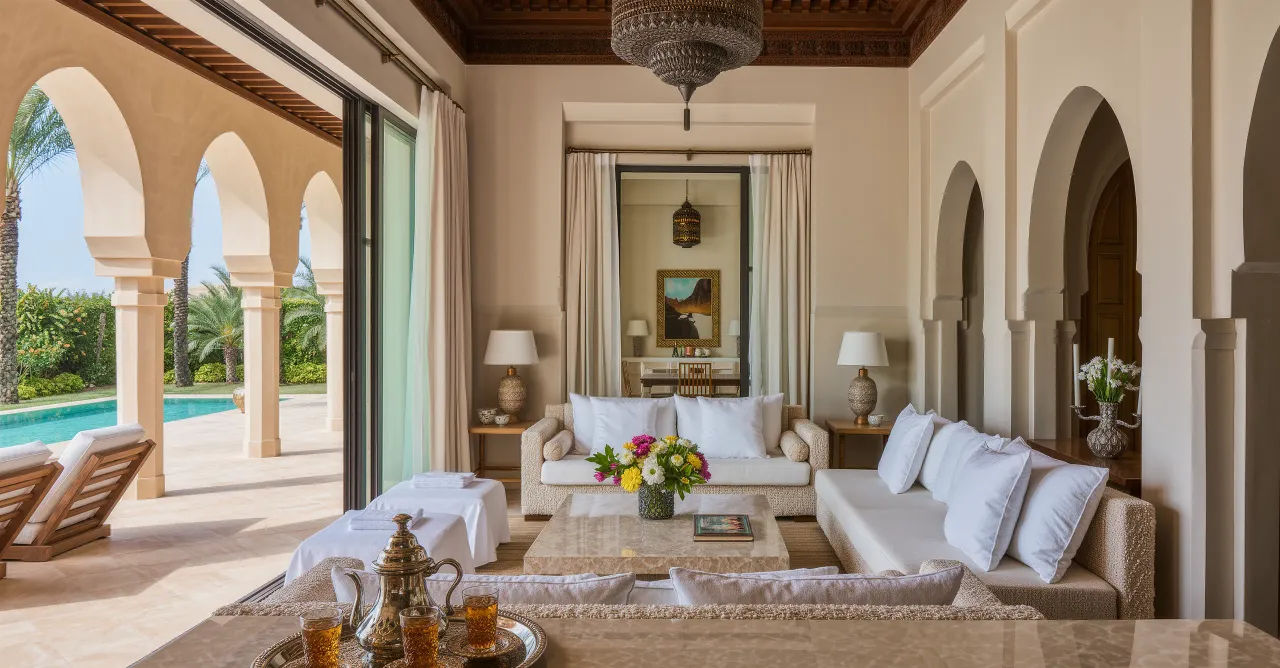 Villa terrace with pool and palm trees at dusk in Marrakech