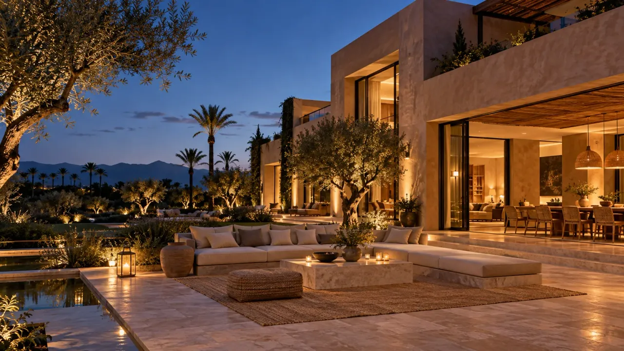 Villa terrace with pool and palm trees at dusk in Marrakech