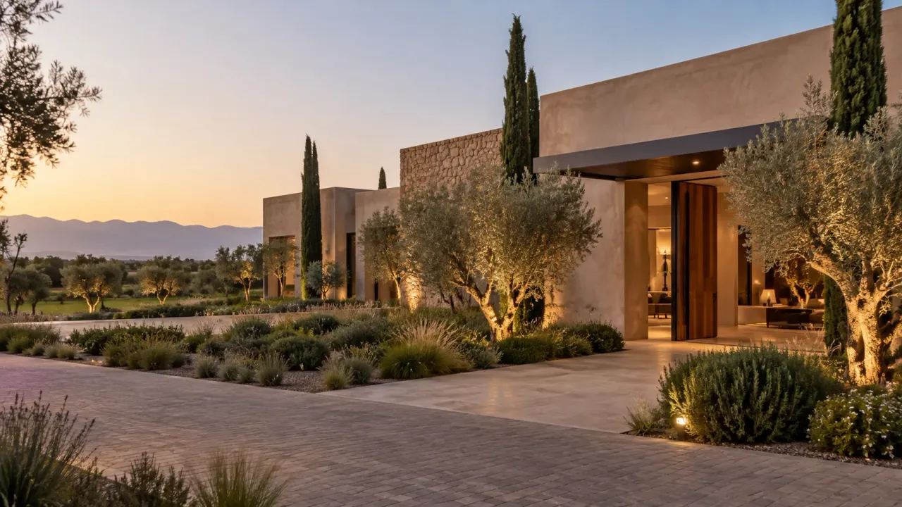 Contemporary villa at dusk in Marrakech with olive garden